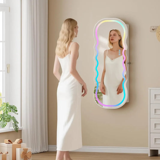 RGB Lighted Jewelry Cabinet LED Wavy Mirror Extraordinarily Generous StorageCapacity