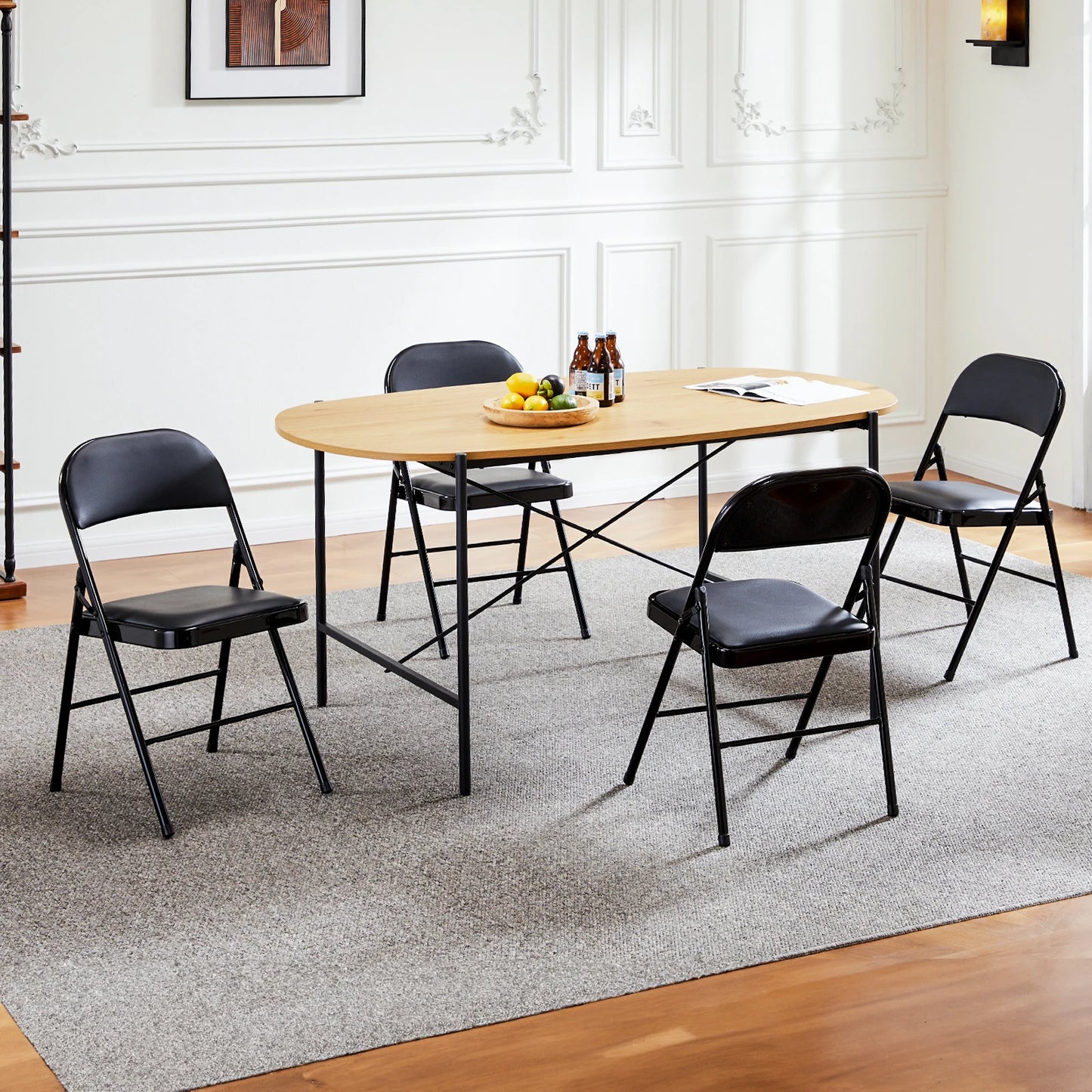 JHK Leather Padded Folding Chair Set of 4 Metal Frame