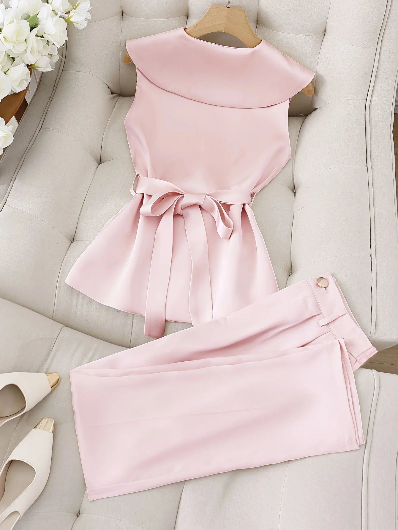 ZHUANIE Solid Sleeveless Top And Trousers Two Piece Set For Office Ladies