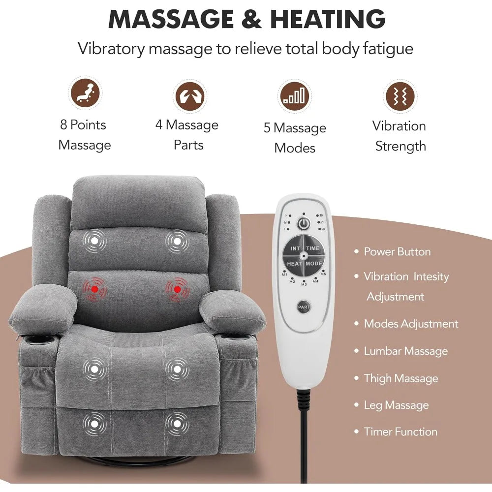 Rocker Recliner With Heat And Massage 360 Degree Swivel