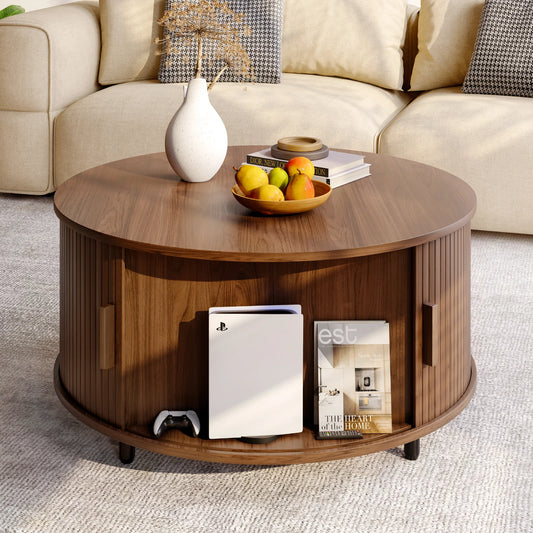 ONBRI Round Coffee Table With Storage Modern Curved Sliding Door Fluted Wood