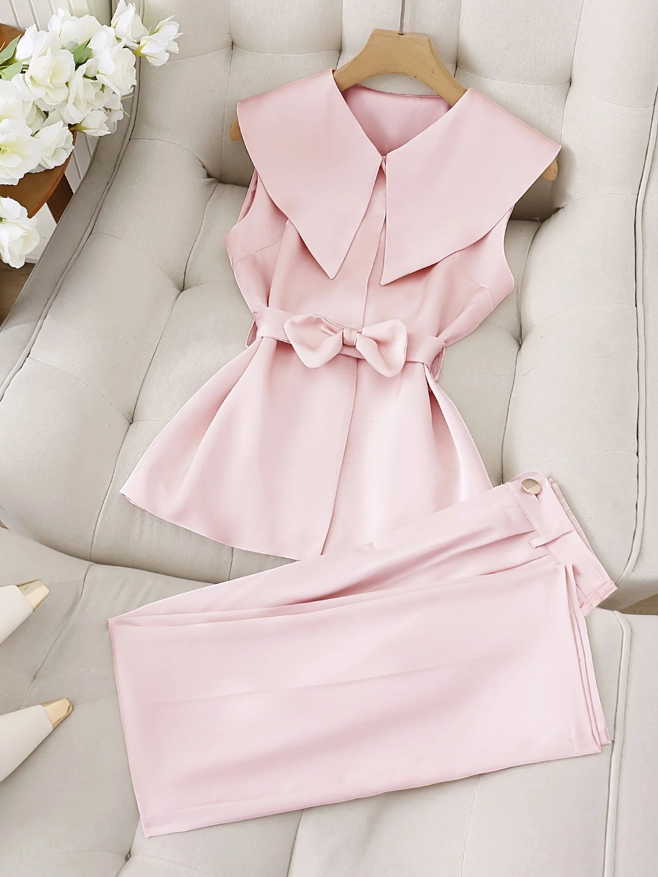 ZHUANIE Solid Sleeveless Top And Trousers Two Piece Set For Office Ladies
