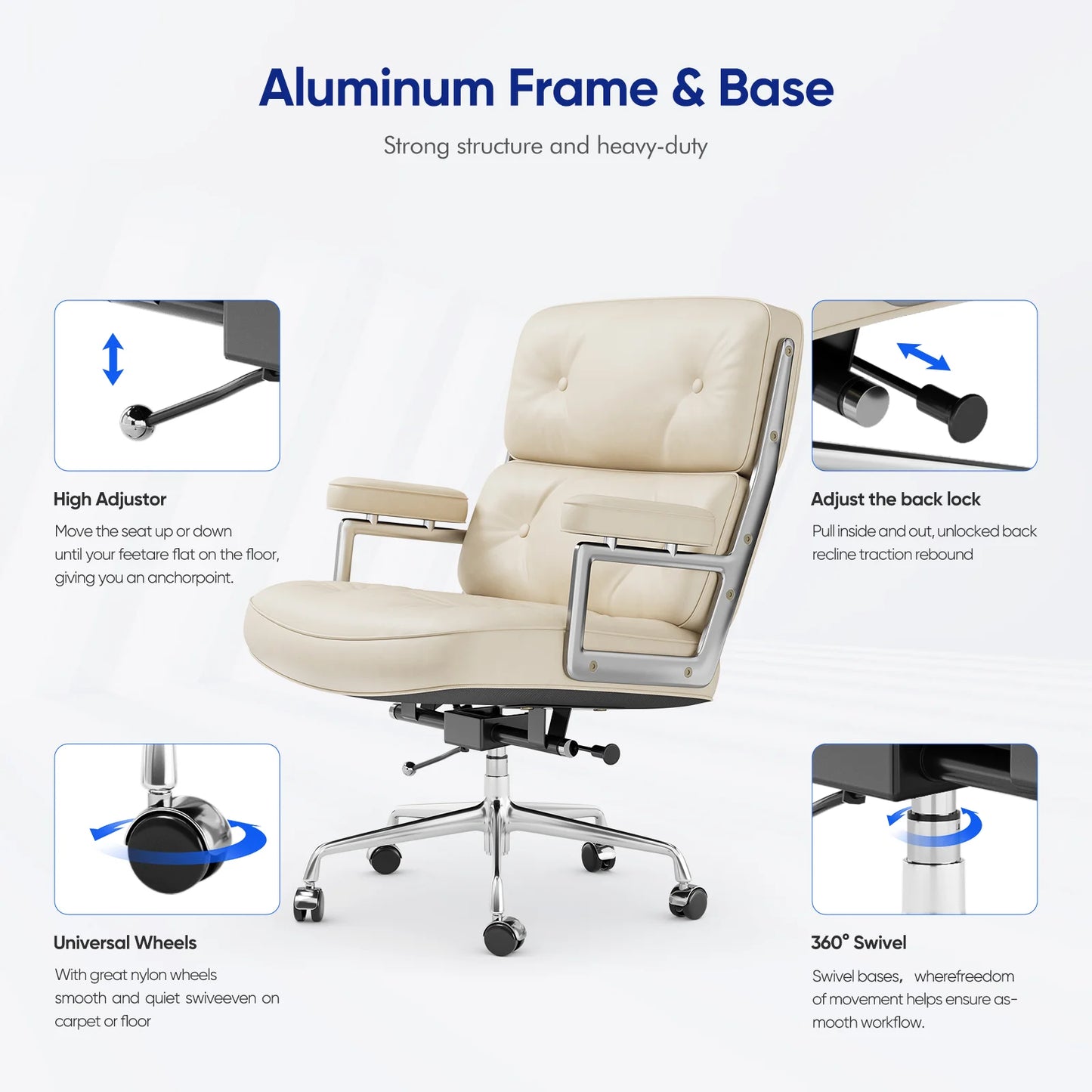 Furgle Genuine Leather Office Chair Aluminum Arms