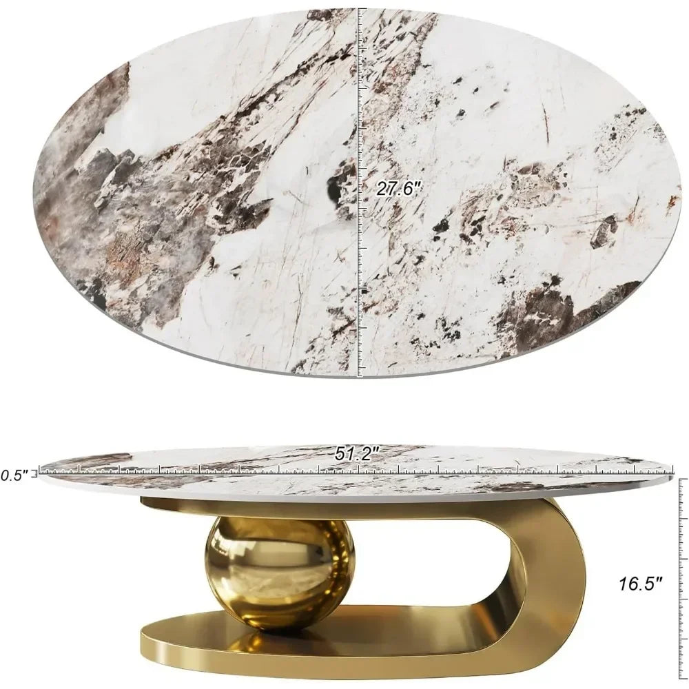 Modern Oval Stone Coffee Table With Abstract Metal Base