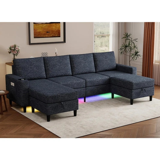 HUANZHUANG Sectional Sofa With RGB Lighting USB