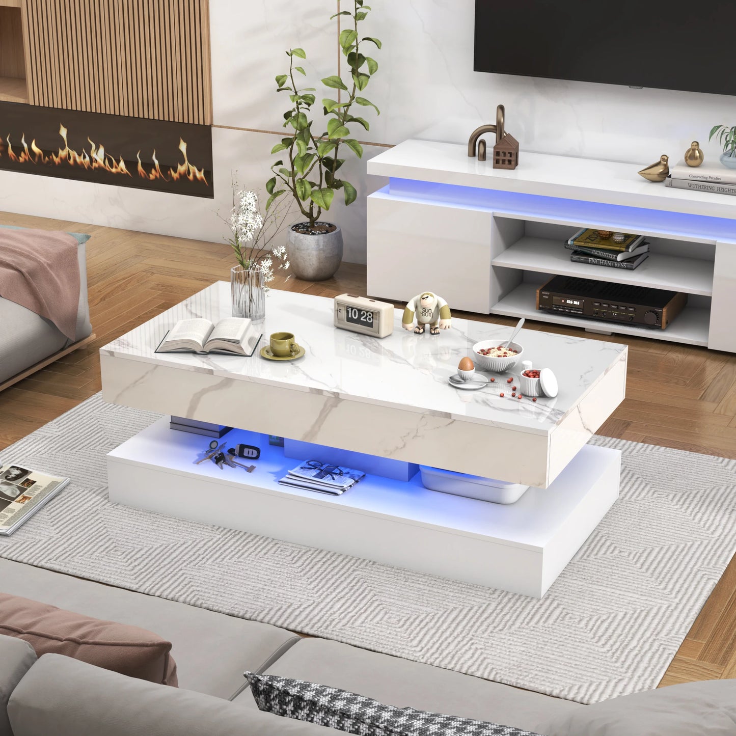 QiaoShiRen LED Coffee Table With Storage Drawers