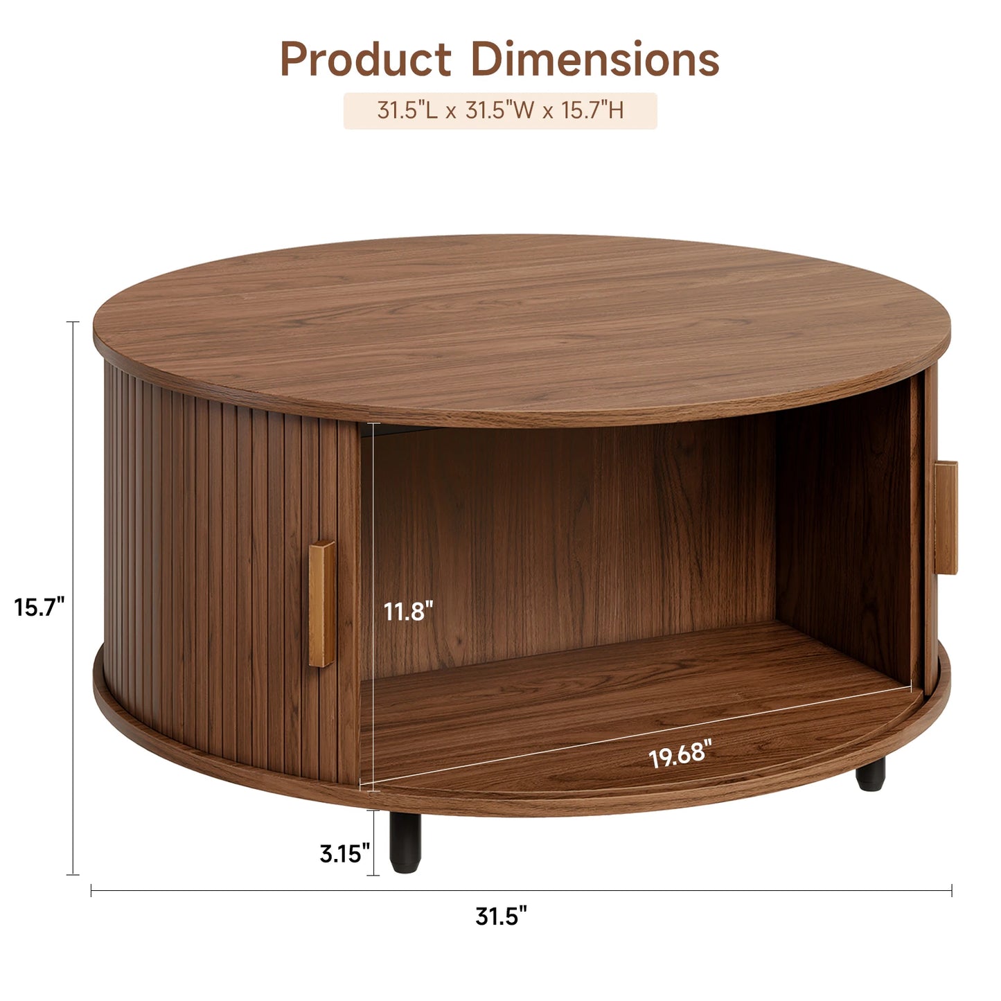 ONBRI Round Coffee Table With Storage Modern Curved Sliding Door Fluted Wood