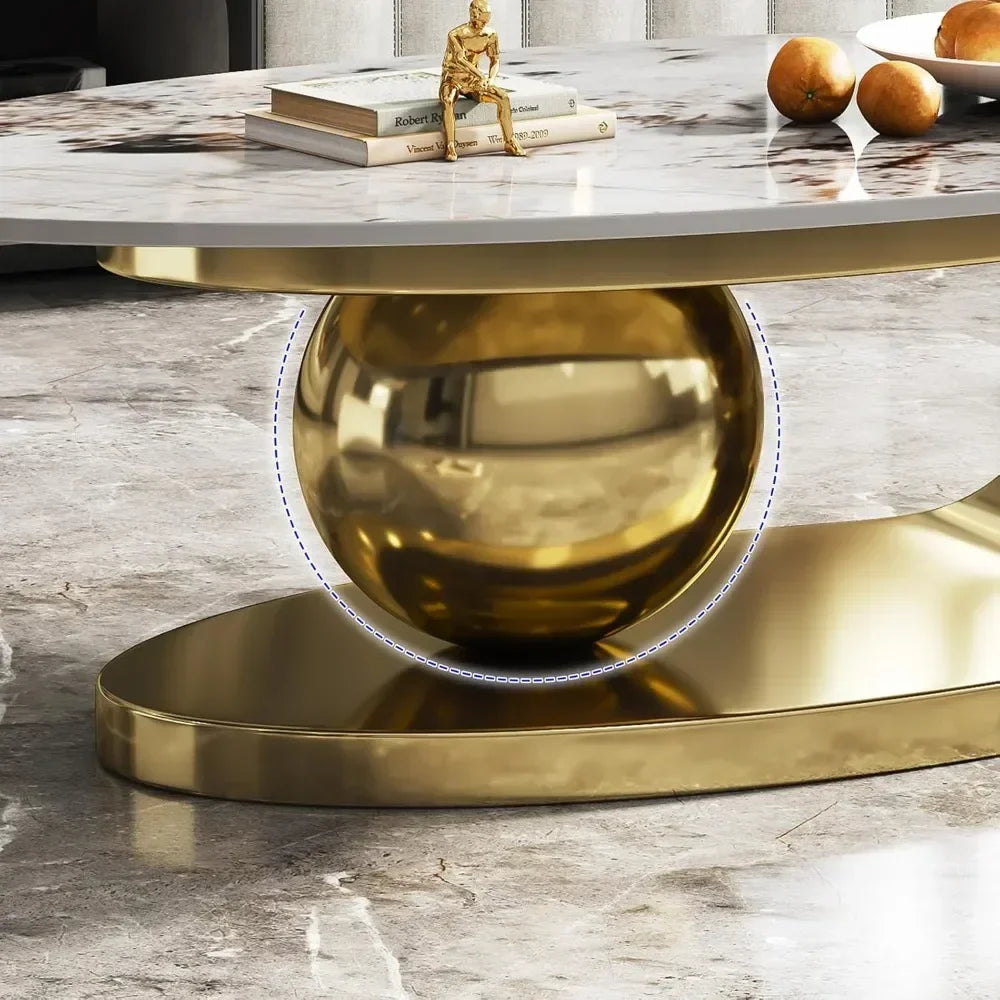 Modern Oval Stone Coffee Table With Abstract Metal Base