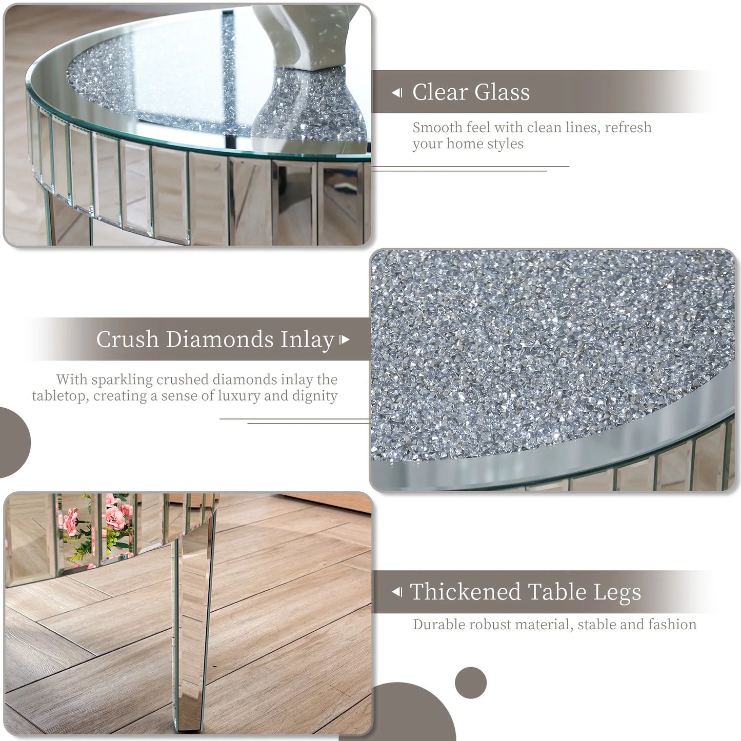 Mirrored Crystal Inlay Coffee Table Round Silver