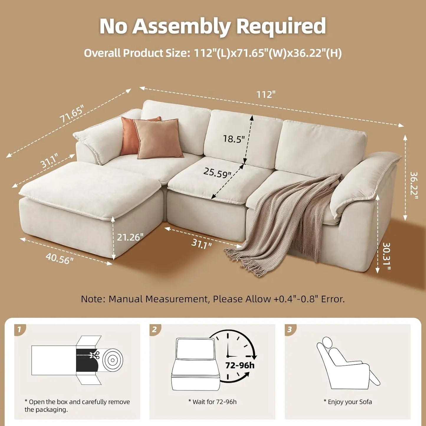 Cloud Couch Sectional Padded Armrests Ottoman