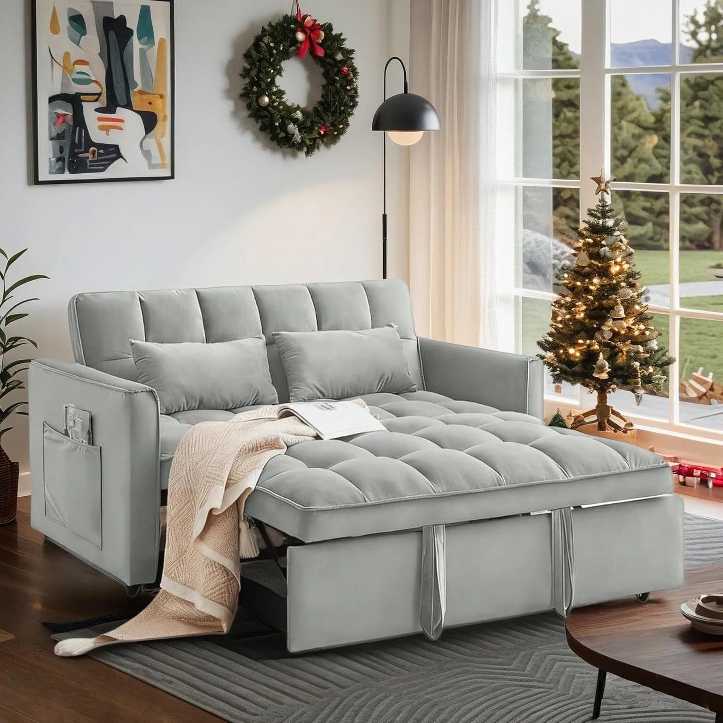 Velvet Convertible Sleeper Sofa Modern Tufted Back Design