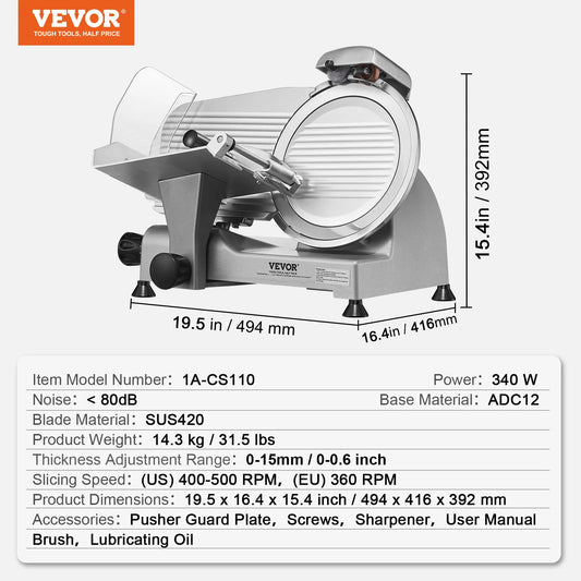 VEVOR Meat Slicer 340W SUS420 Stainless Sharpener