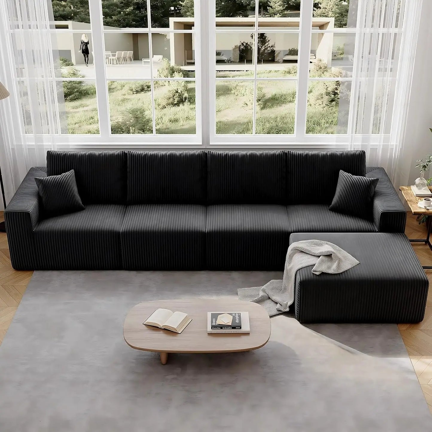 Modular Sectional Sofa With Deep Corduroy Upholstery Left Chaise