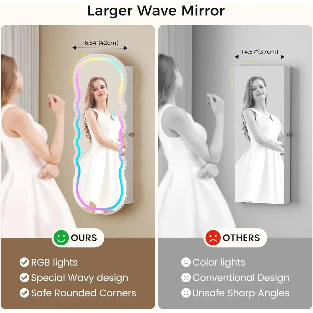 RGB Lighted Jewelry Cabinet LED Wavy Mirror Extraordinarily Generous StorageCapacity