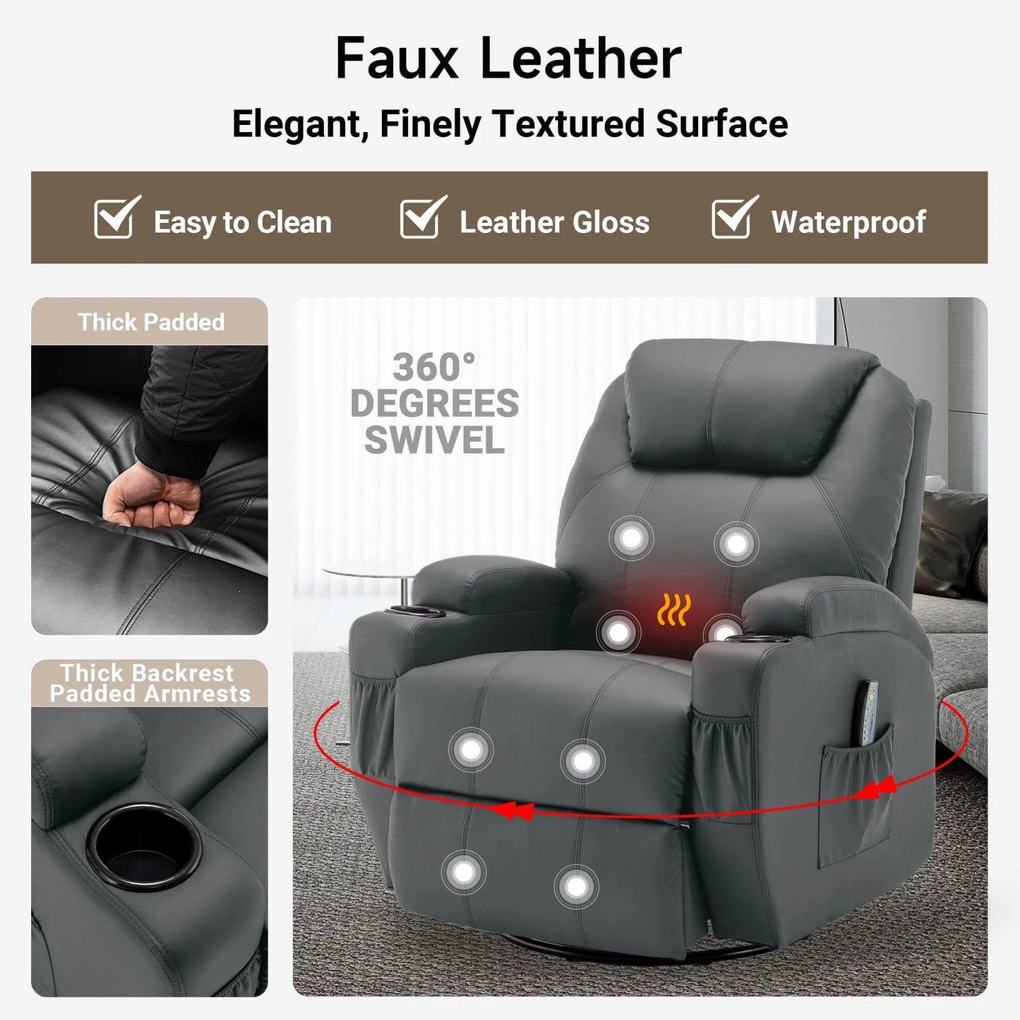 KORSER Massage Recliner Chair With Heat Remote And 360 Swivel