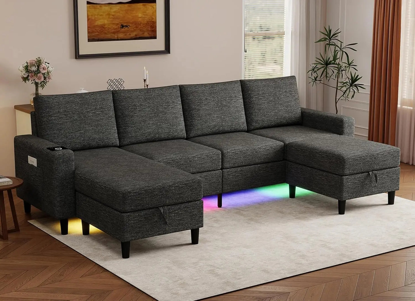 HUANZHUANG Sectional Sofa With RGB Lighting USB