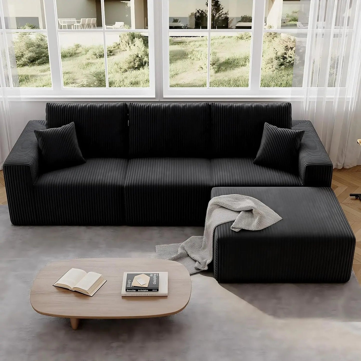 Modular Sectional Sofa With Deep Corduroy Upholstery Left Chaise