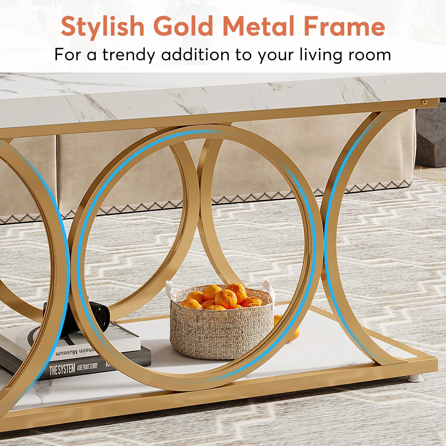 Tribesigns Faux Marble Wood Rectangle Coffee Table For Living Room Two Tier