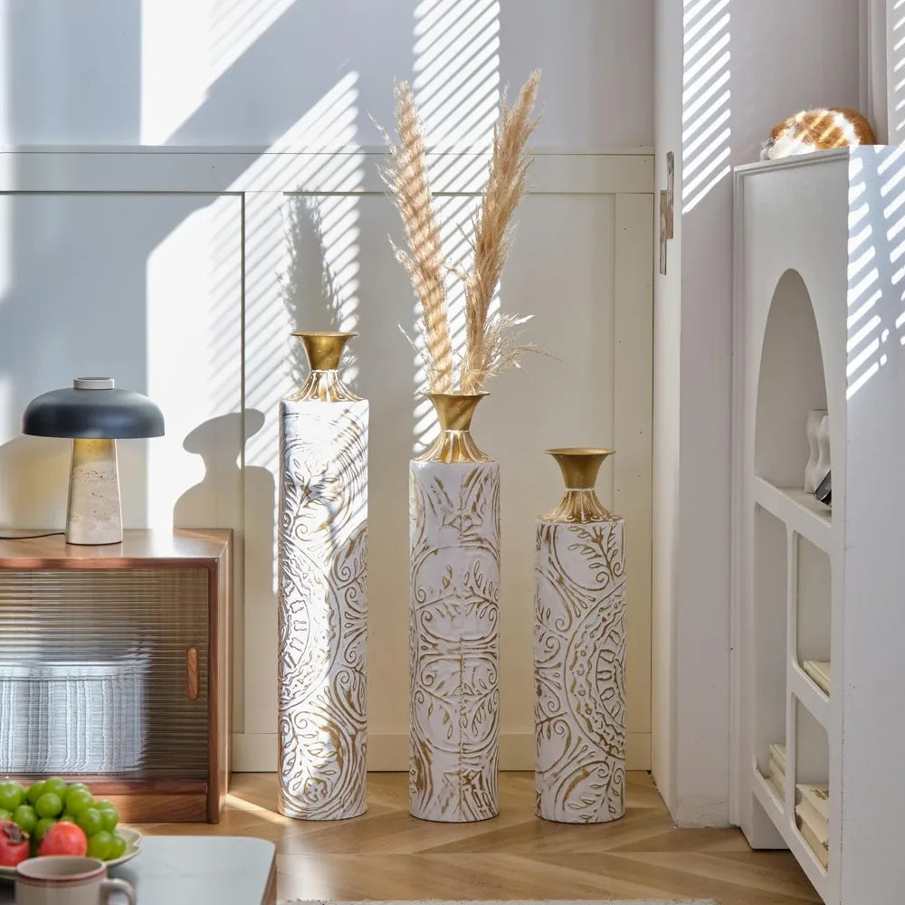 Three Metal Vases Set For Floor Decor