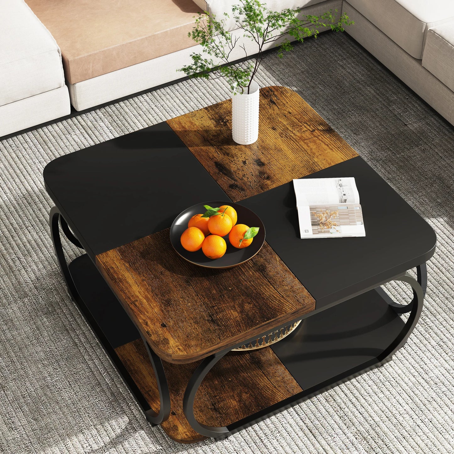 Tribesigns Farmhouse Square Coffee Table With Two Tiers Wood Storage