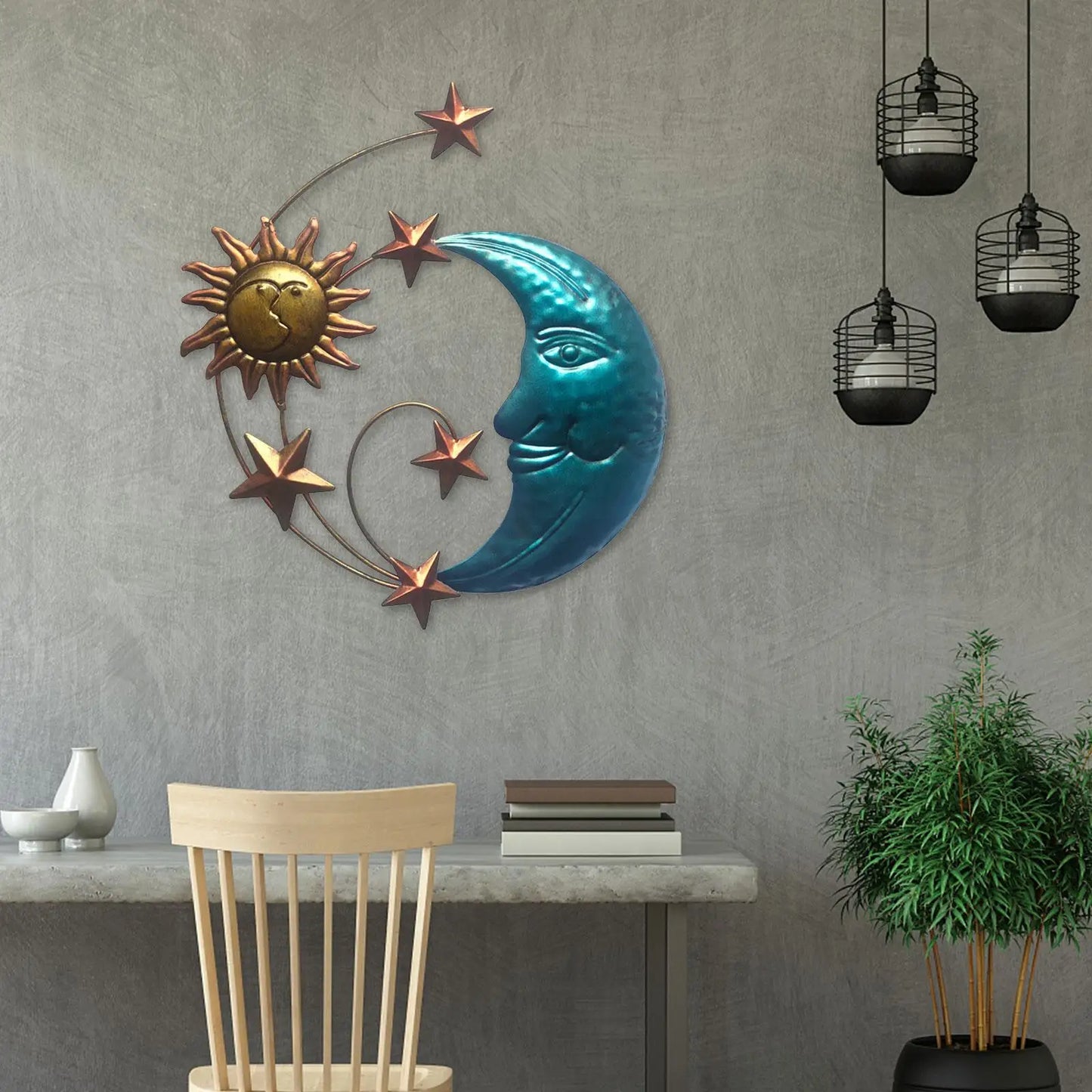 Handcrafted Ornamental Sun Moonphase Star Face Weatherresistant Metal Wall Decorative