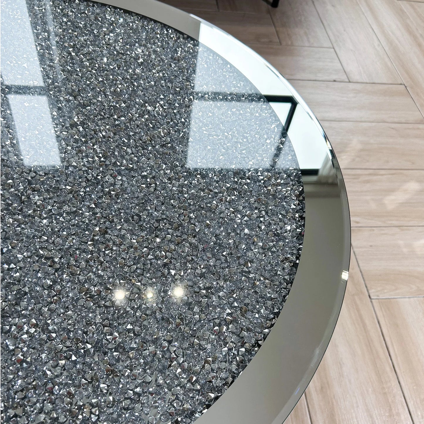 Mirrored Crystal Inlay Coffee Table Round Silver