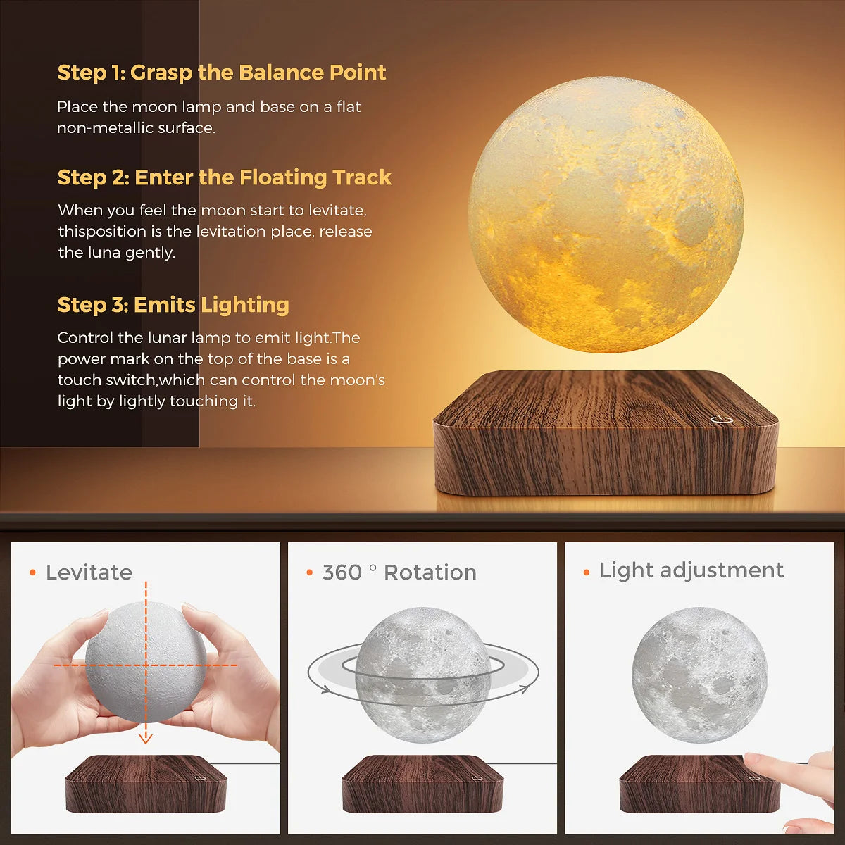 Mexllex Magnetic Floating Moon Lamp With Wooden Base Night Light