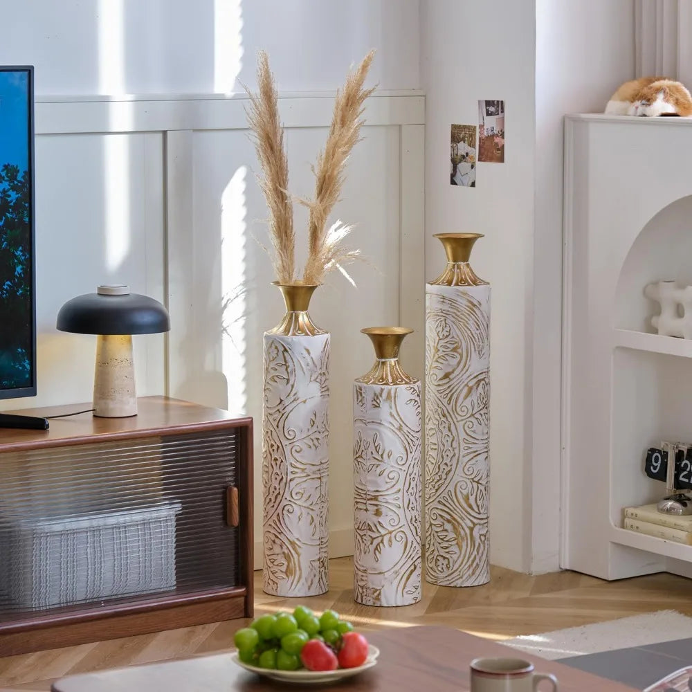 Three Metal Vases Set For Floor Decor