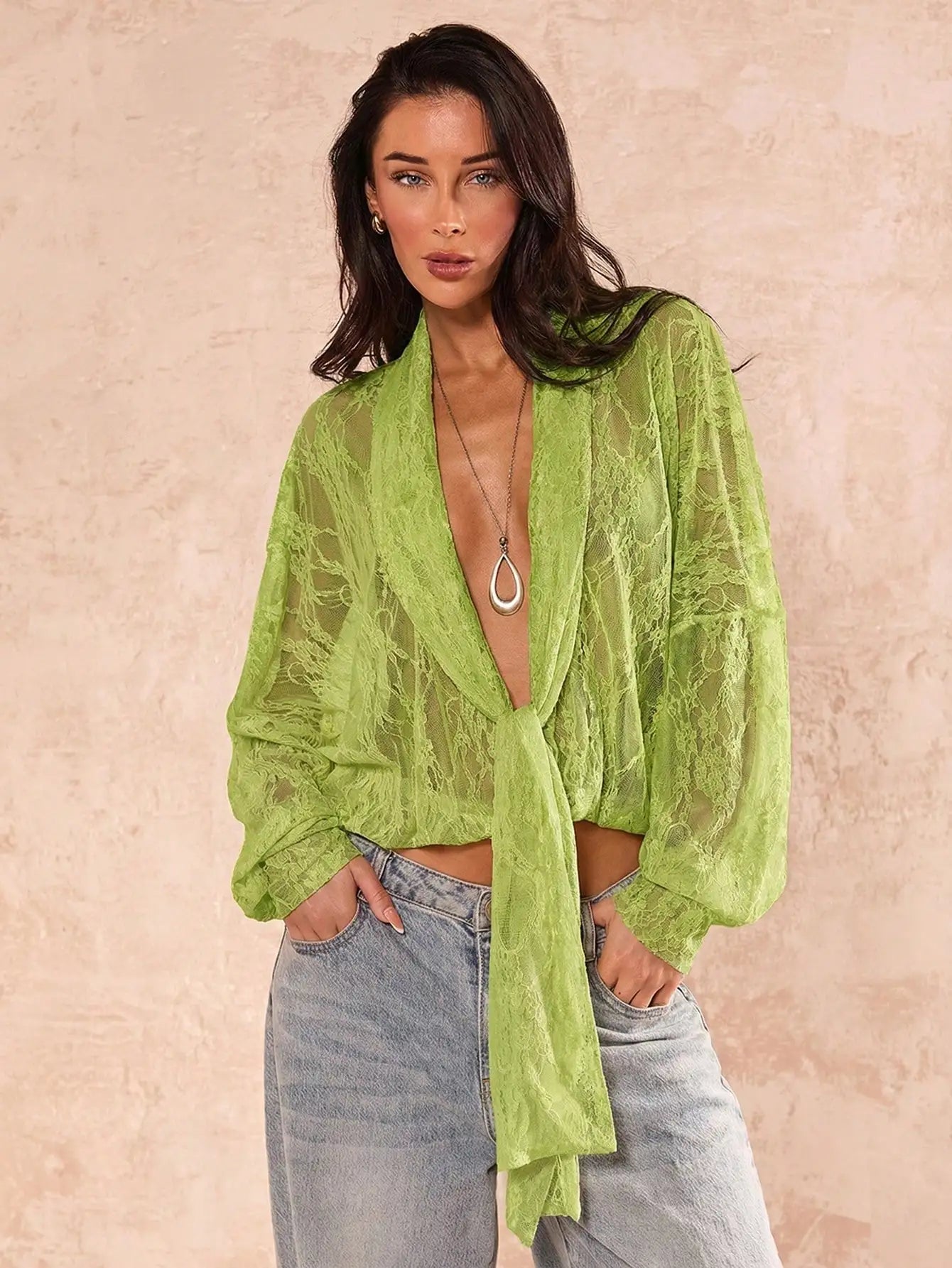 Lace Sheer Blouse for Women V Neck Long Sleeve Top