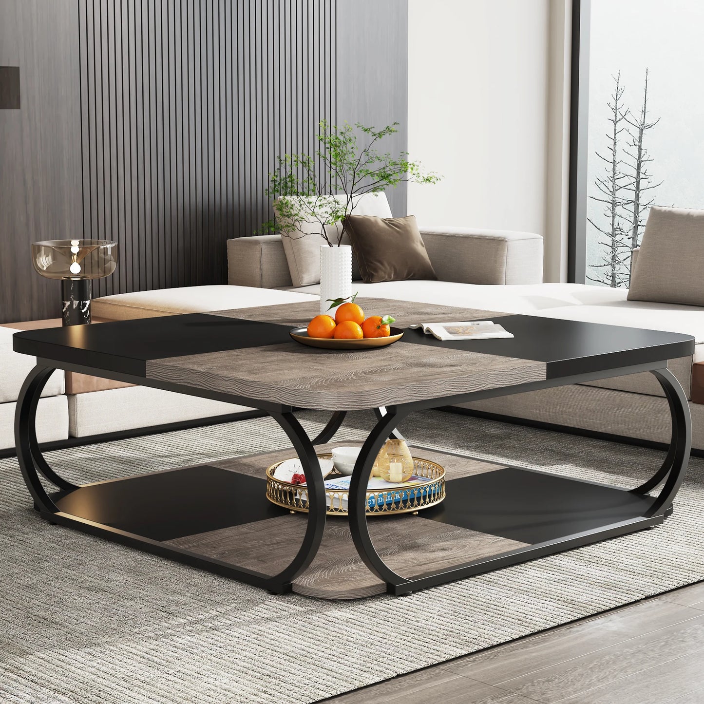 Tribesigns Farmhouse Square Coffee Table With Two Tiers Wood Storage