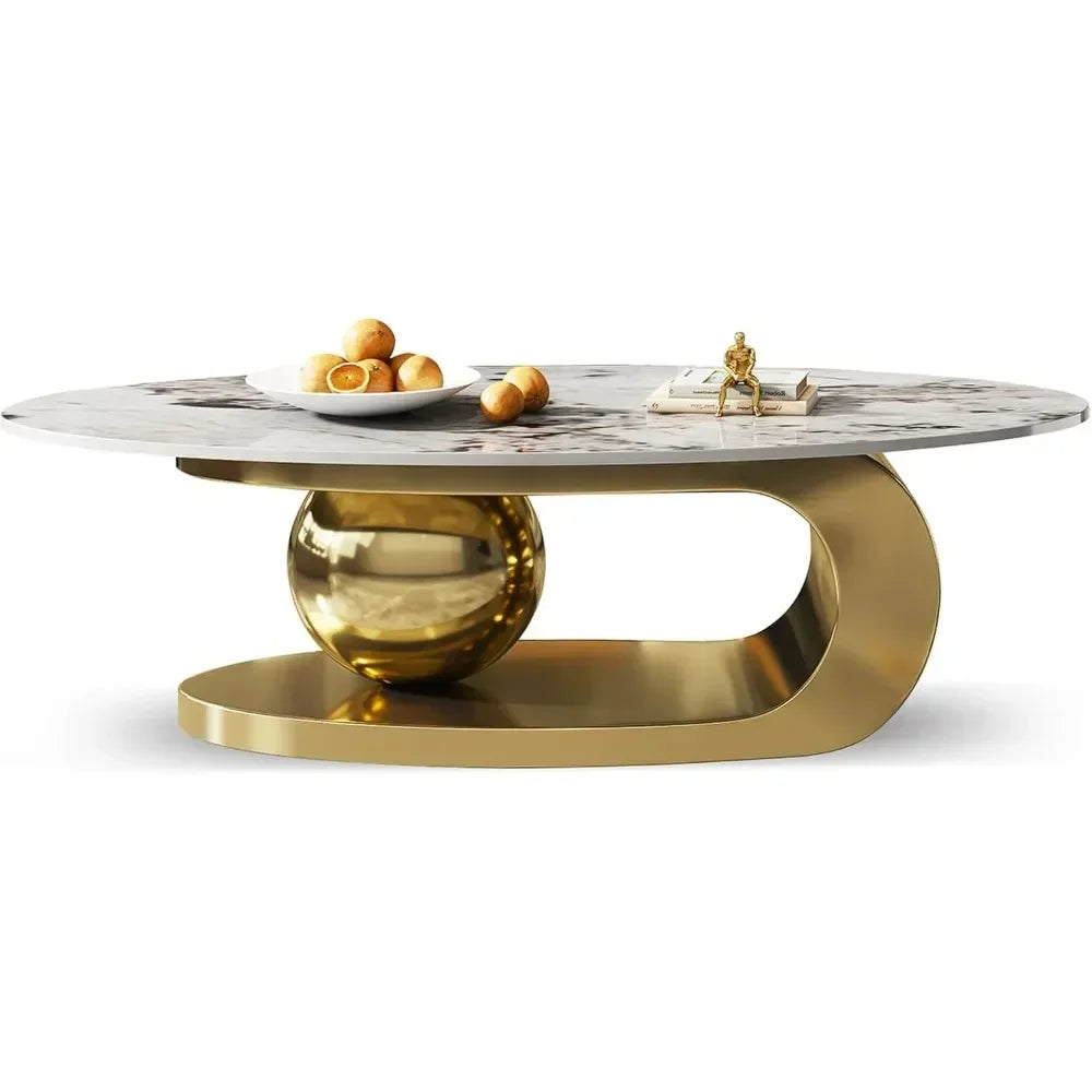 Modern Oval Stone Coffee Table With Abstract Metal Base
