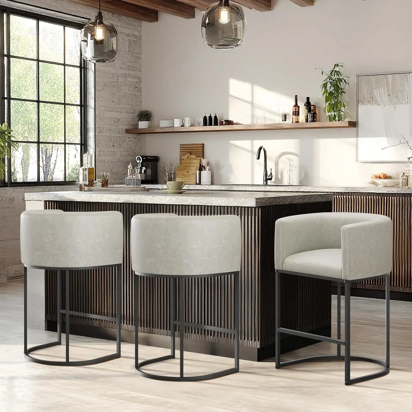 Bar Stools Set of 3 Linen Upholstered