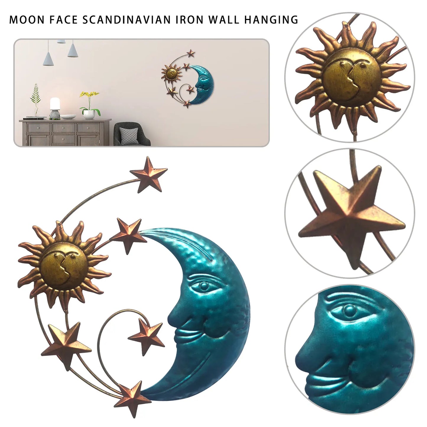 Handcrafted Ornamental Sun Moonphase Star Face Weatherresistant Metal Wall Decorative