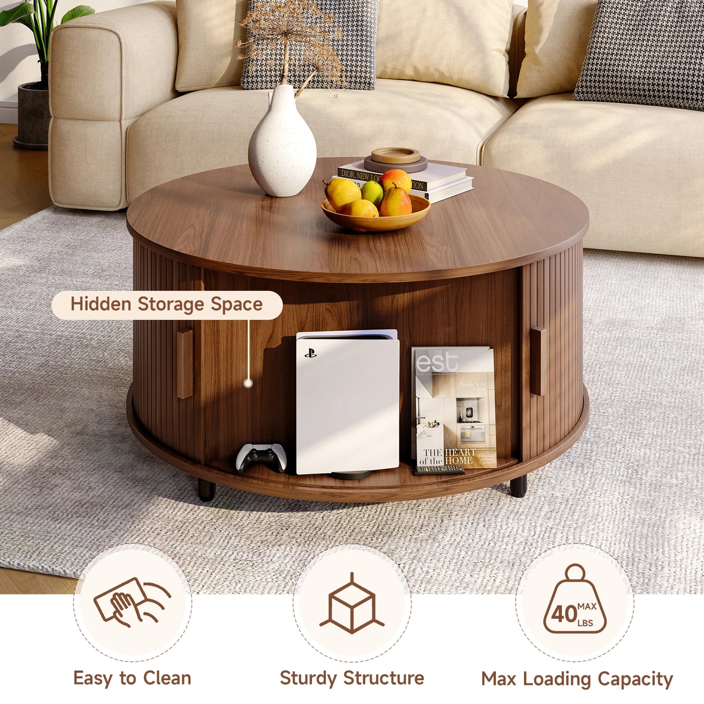 ONBRI Round Coffee Table With Storage Modern Curved Sliding Door Fluted Wood