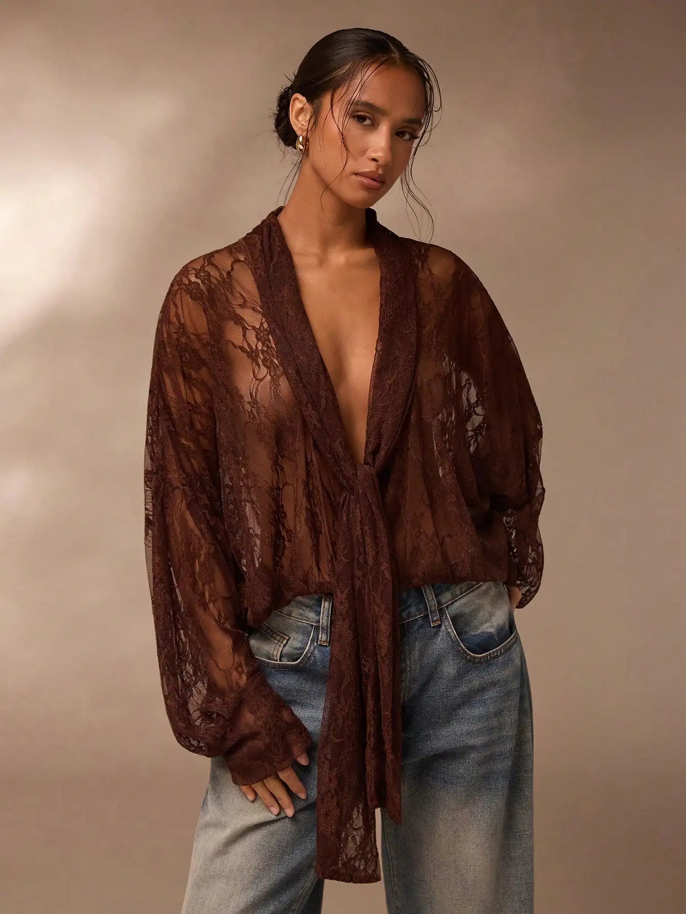 Lace Sheer Blouse for Women V Neck Long Sleeve Top