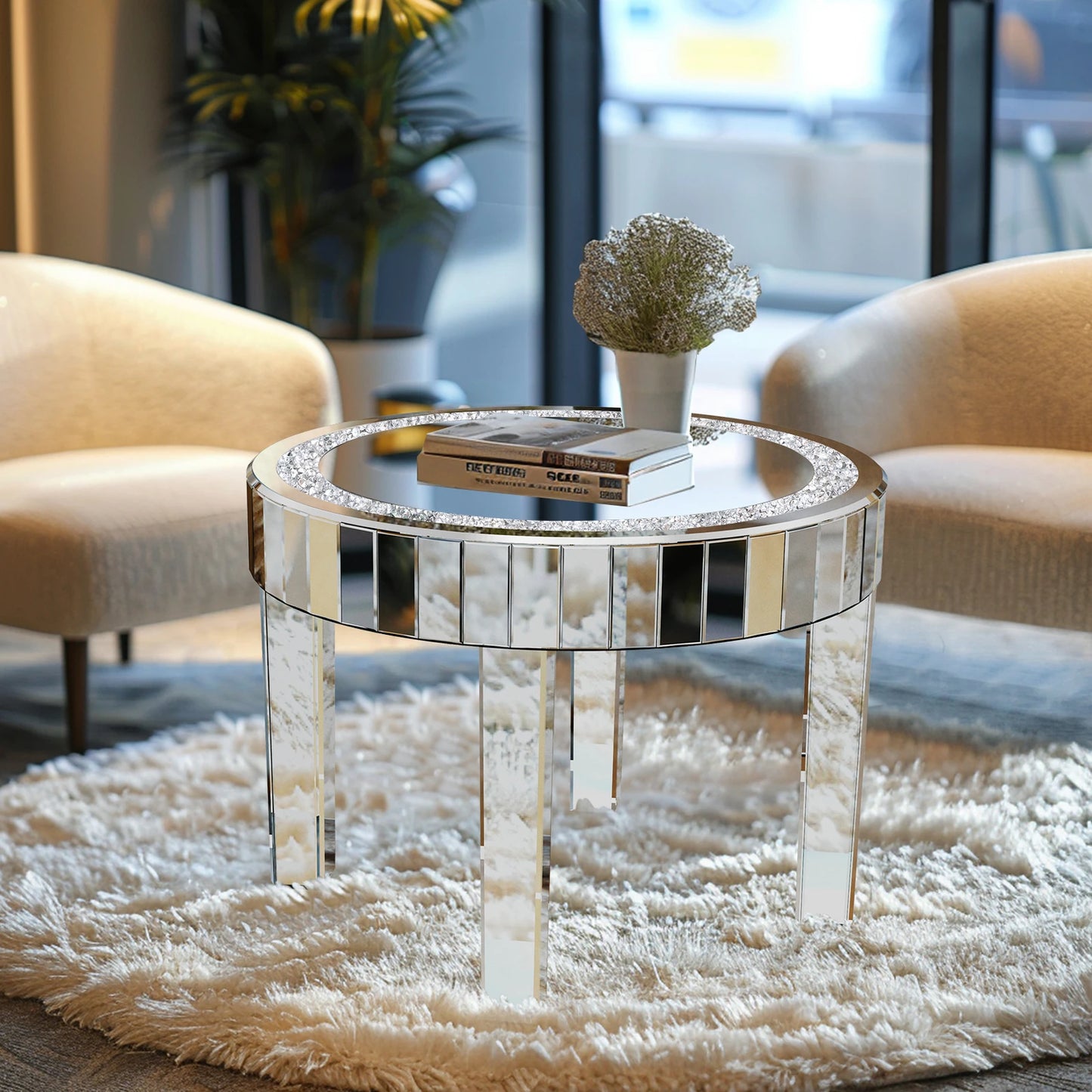 Crushed Crystal Mirrored Coffee Table 60cm Round Accent Table Leisure Table
