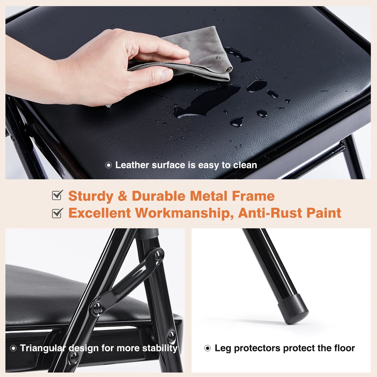 JHK Leather Padded Folding Chairs 4 Pack Sturdy Metal Seating
