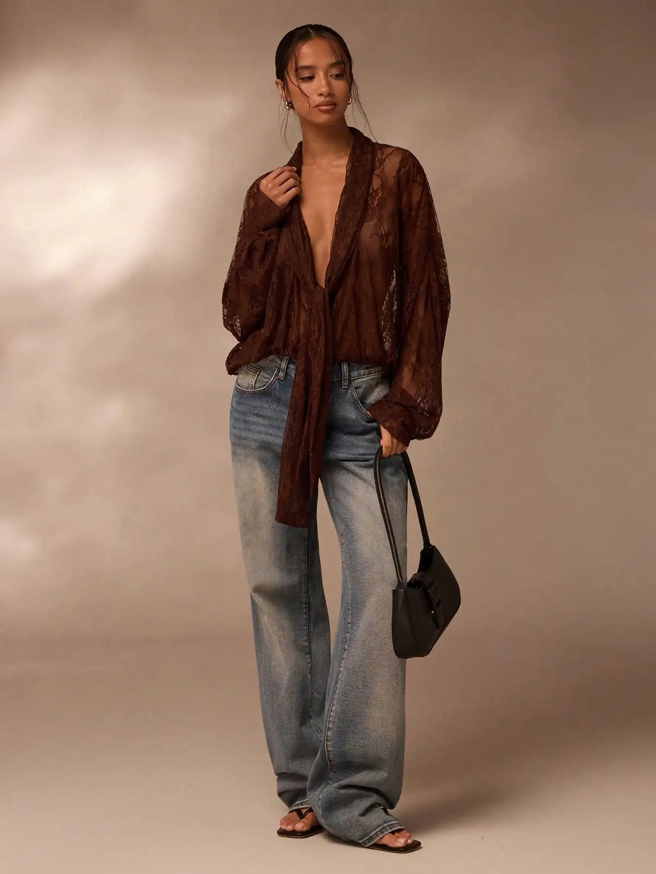 Lace Sheer Blouse for Women V Neck Long Sleeve Top