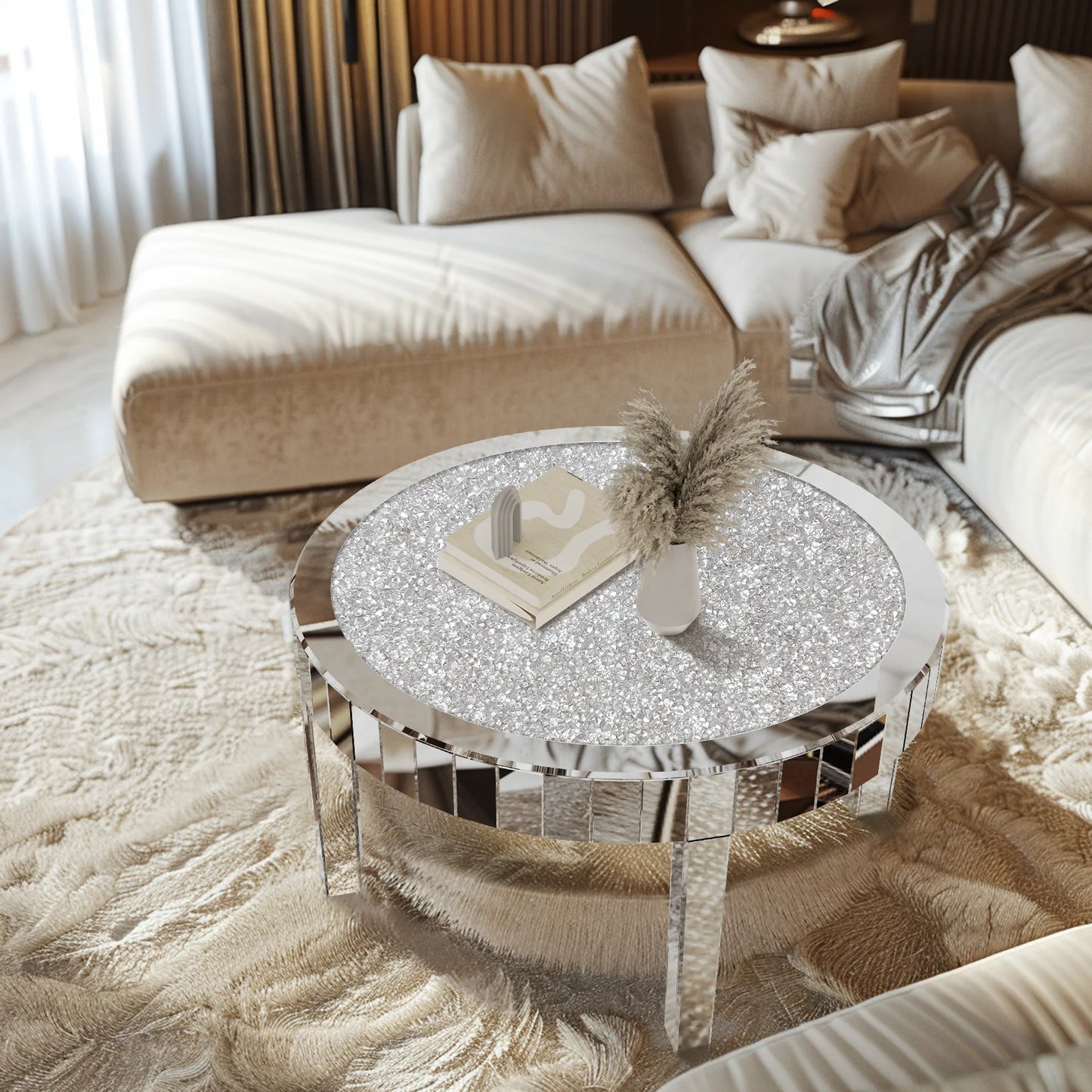 Mirrored Crystal Inlay Coffee Table Round Silver