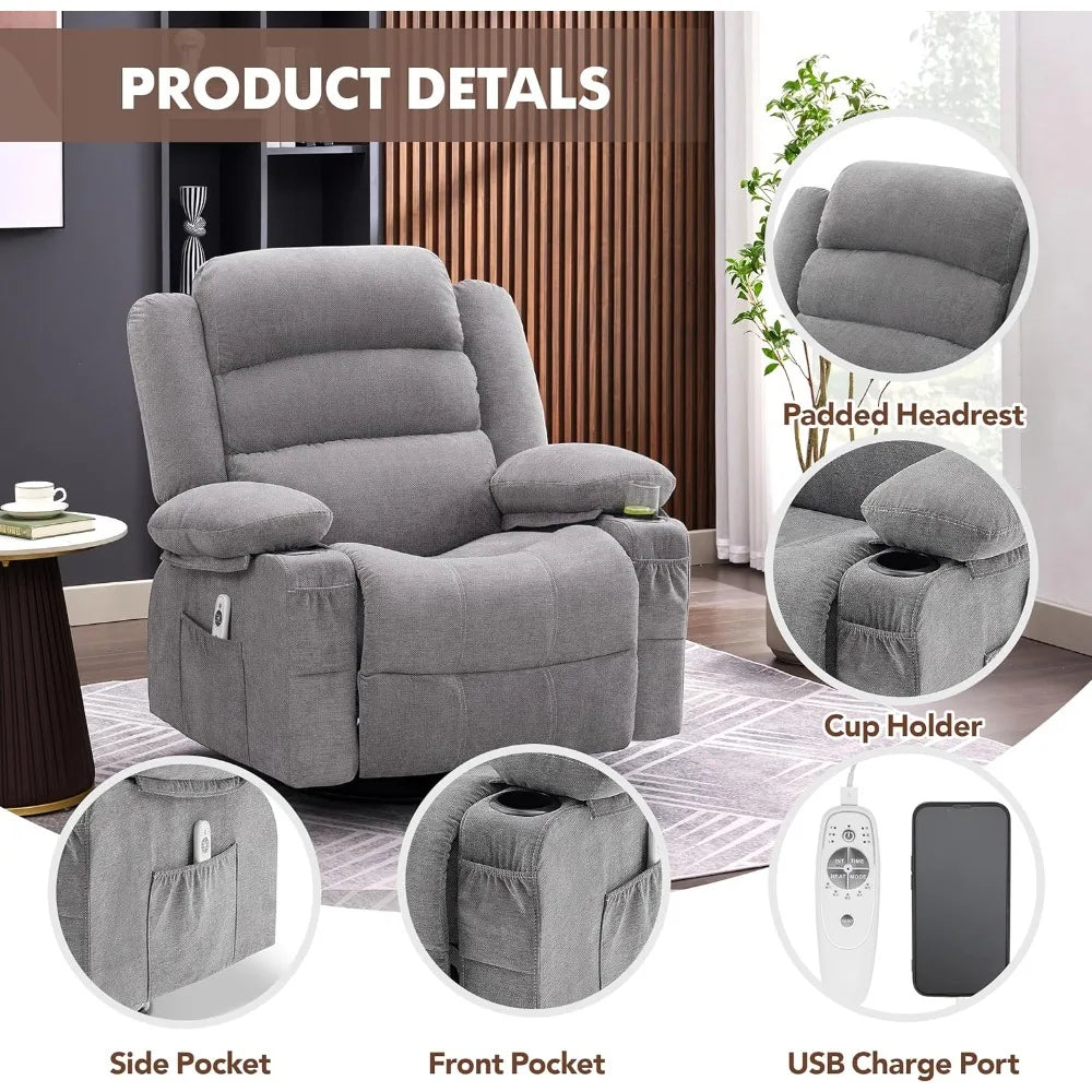 Rocker Recliner With Heat And Massage 360 Degree Swivel