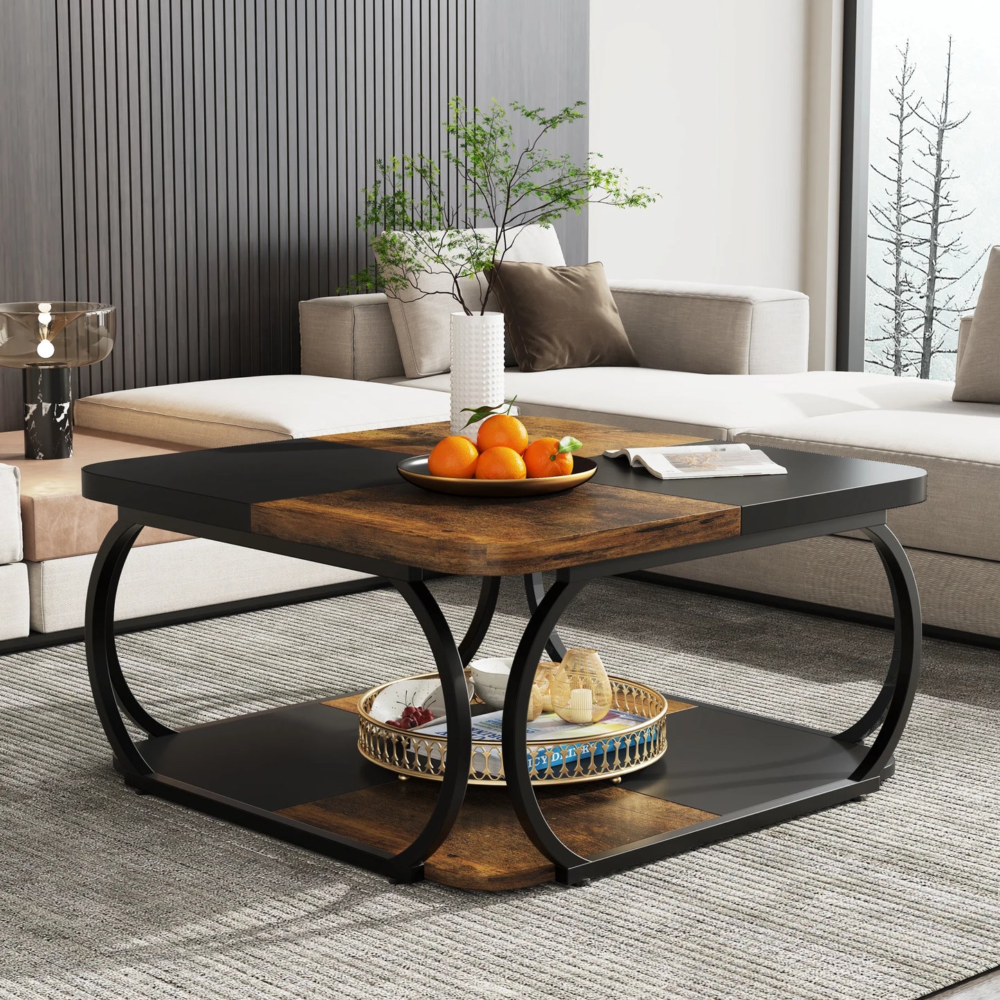 Tribesigns Farmhouse Square Coffee Table With Two Tiers Wood Storage