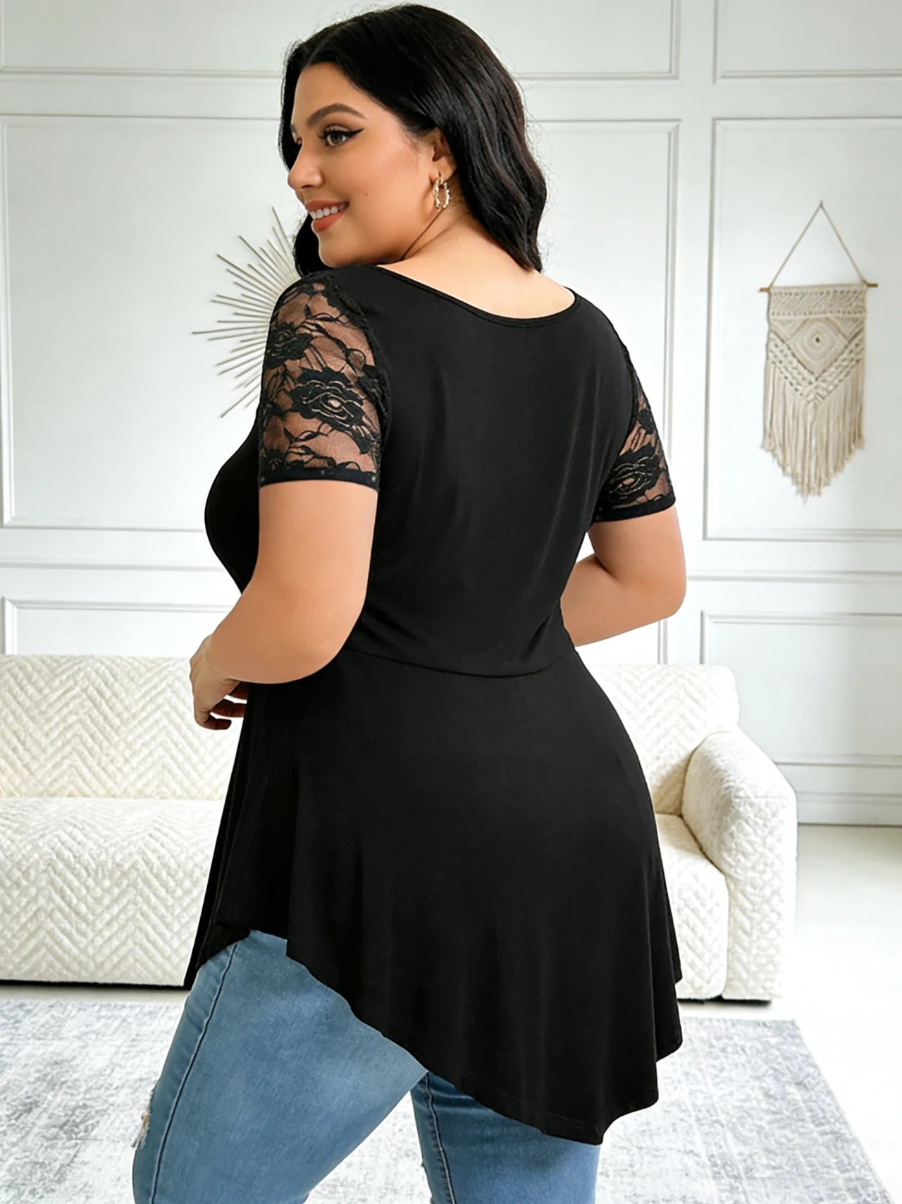 Lace Panel Tunic Top For Women Short Sleeve Asymmetric Hem