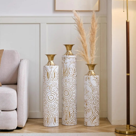 Three Metal Vases Set For Floor Decor