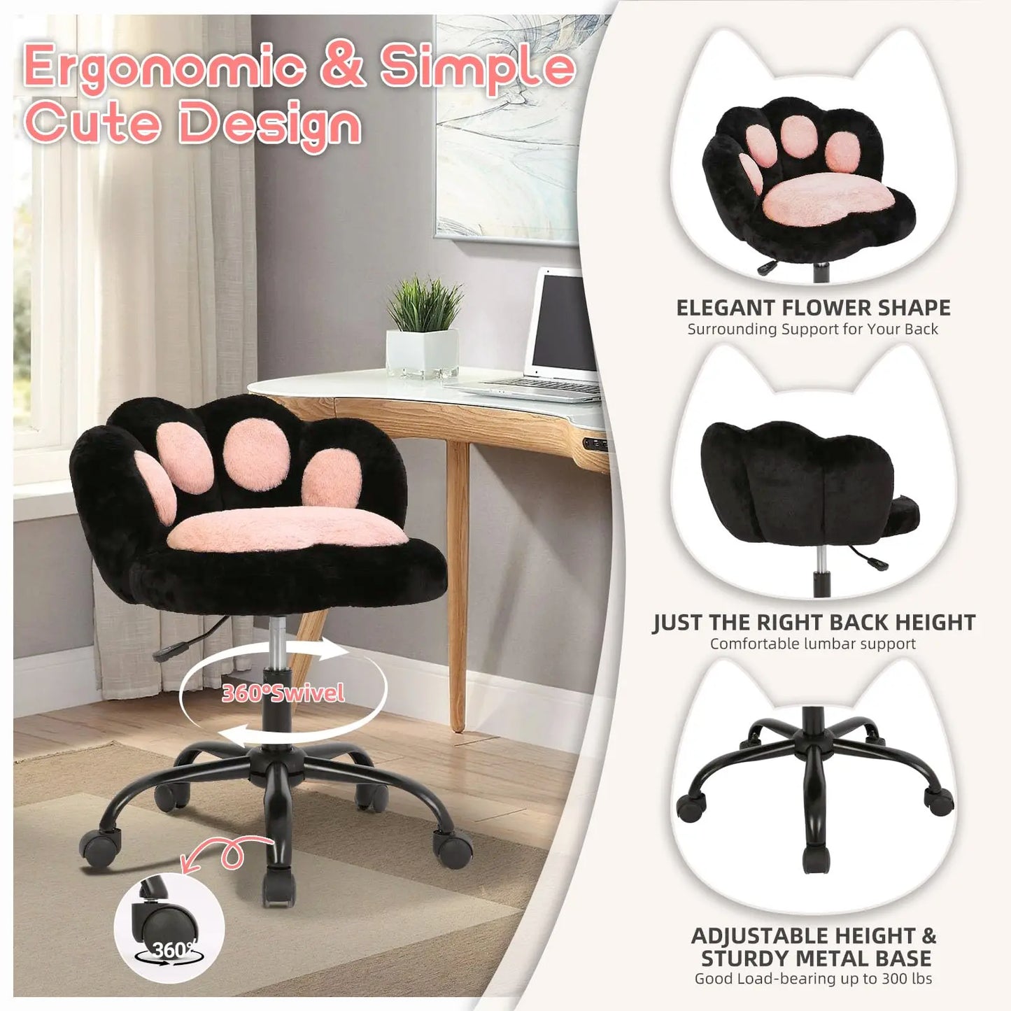 HiMISS Cat Paw Vanity Chair With Wheels 360 Rotating Chair