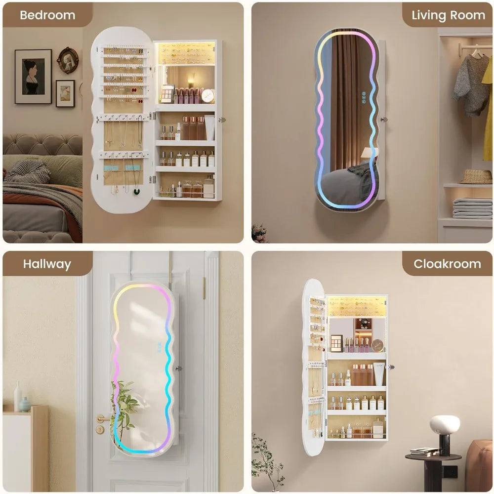 RGB Lighted Jewelry Cabinet LED Wavy Mirror Extraordinarily Generous StorageCapacity