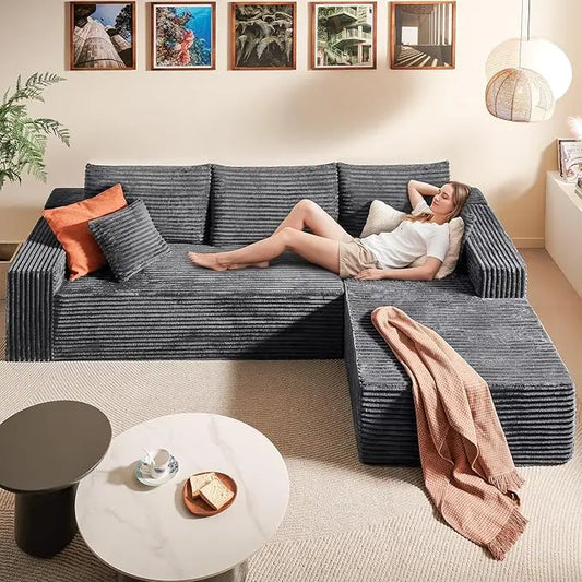 HUANZHUANG Modular Cloud Sectional Sofa L Shaped Chaise Corduroy