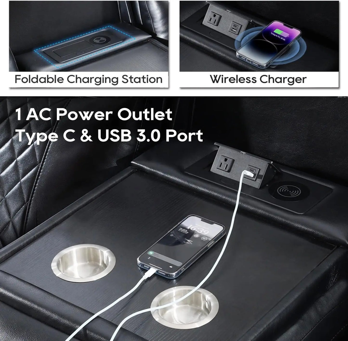 TODRANI Power Reclining Sofa With Wireless Charger USB Type C