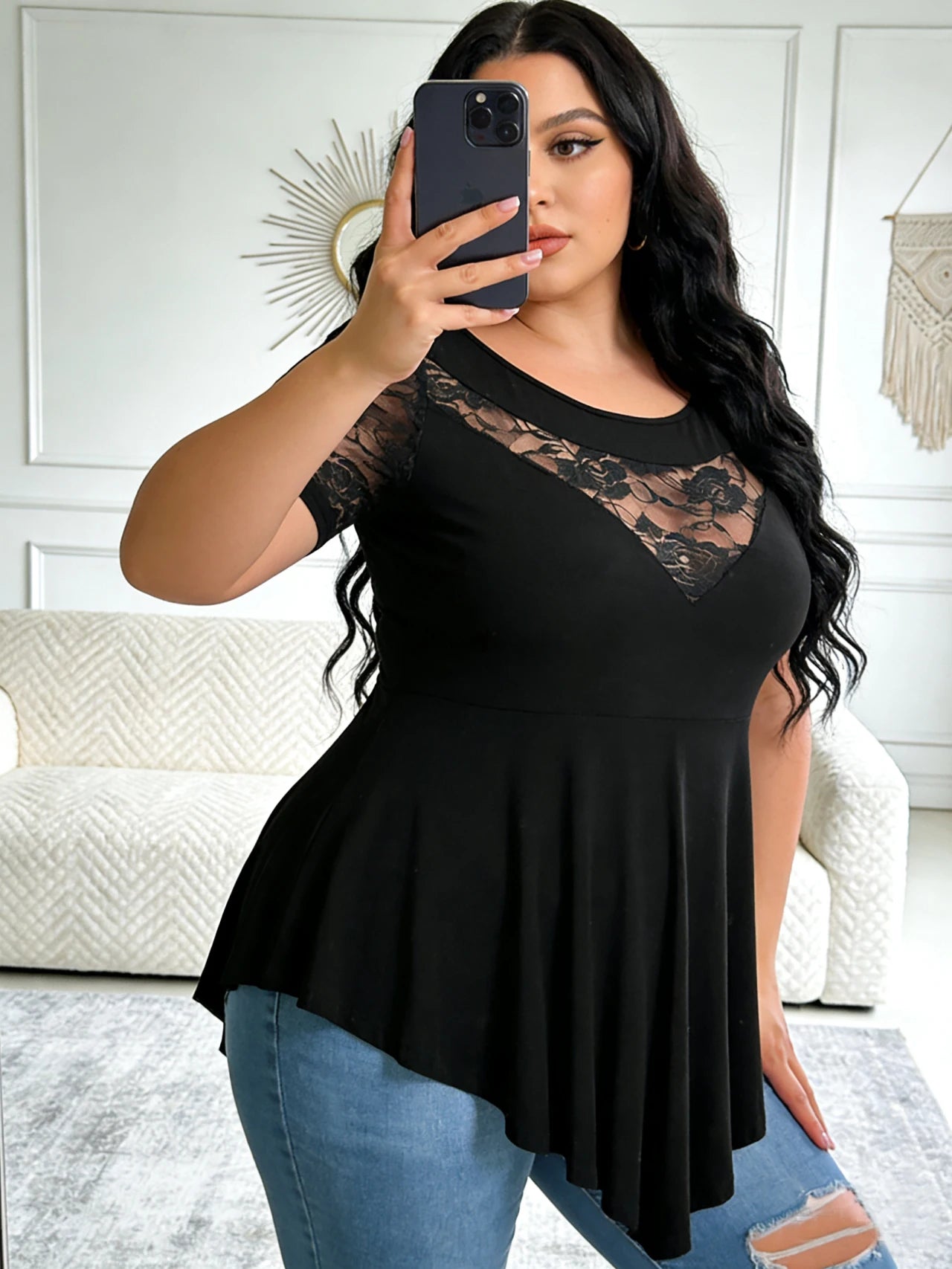 Lace Panel Tunic Top For Women Short Sleeve Asymmetric Hem