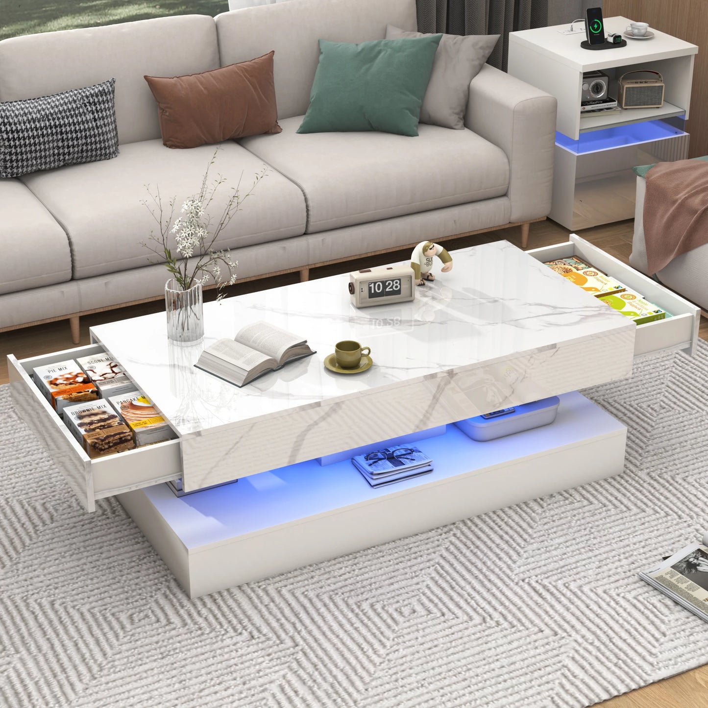QiaoShiRen Modern Minimalist Coffee Table With Led Lights Dual Storage