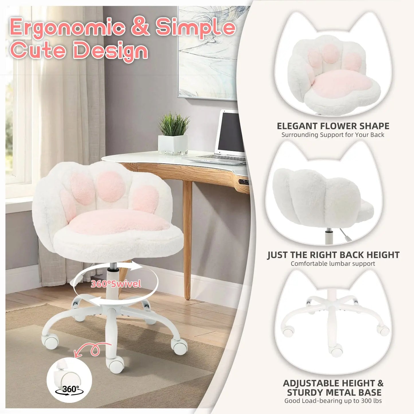 HiMISS Cat Paw Vanity Chair With Wheels 360 Rotating Chair